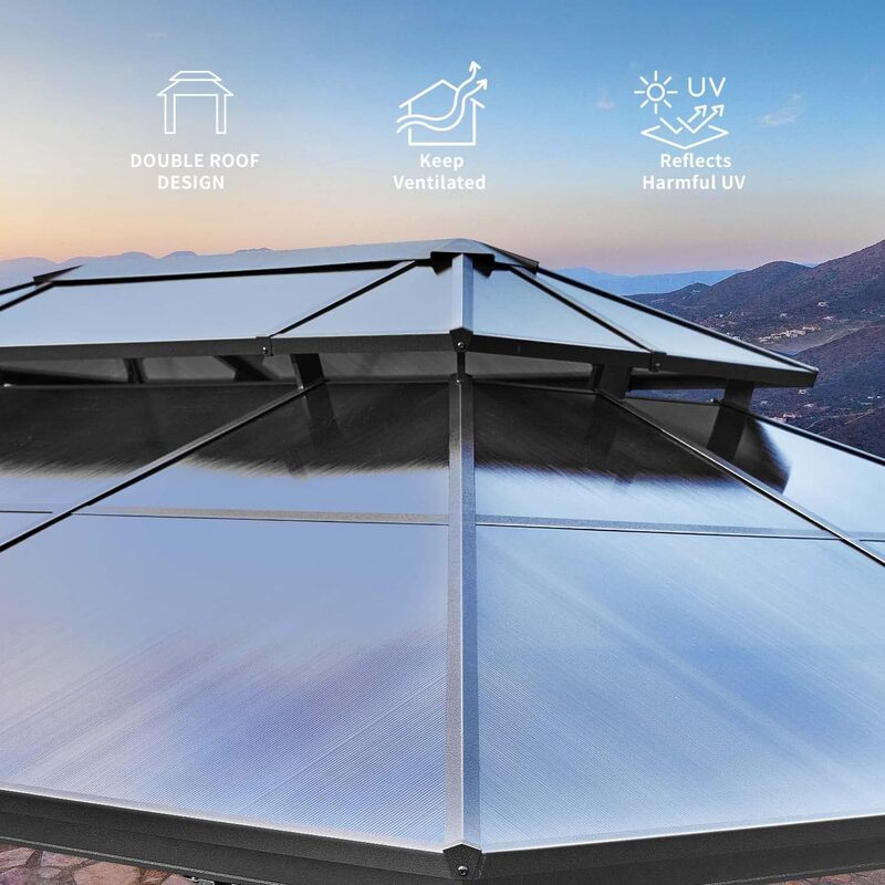 10'x13' Hardtop Gazebo, Outdoor Polycarbonate Double Roof Canopy, Aluminum Frame Permanent Pavilion wit
