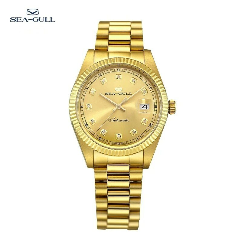 New Seagull Watch for Men Luxury Diamonds Gold Watch 100m Waterproof  Stainless Steel Business Couple Mechanical Watches 7055