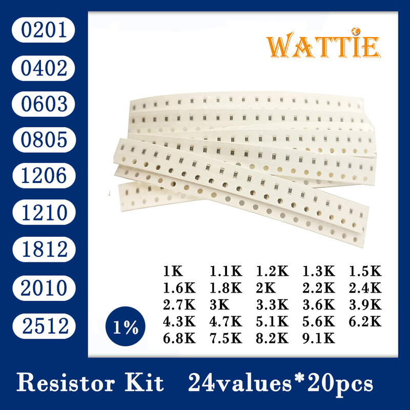 Resistor kit 0201 0402 0603 0805 1206 1210 1812 2010 2512 smd Resistor package 24values*20PCS=480PCS 1% Sample Kit Resisor