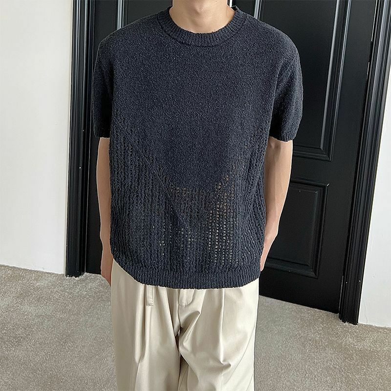 Мужской свитер с вырезами и коротким рукавом, свободная универсальная вязаная футболка размера 2xl, Одежда большого размера, черный и белый цвета, на лето