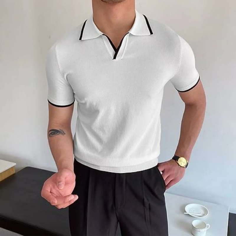 Camisa polo com painéis simples masculina, retalho de lapela, manga curta versátil, top elástico fino, moda casual, nova, verão