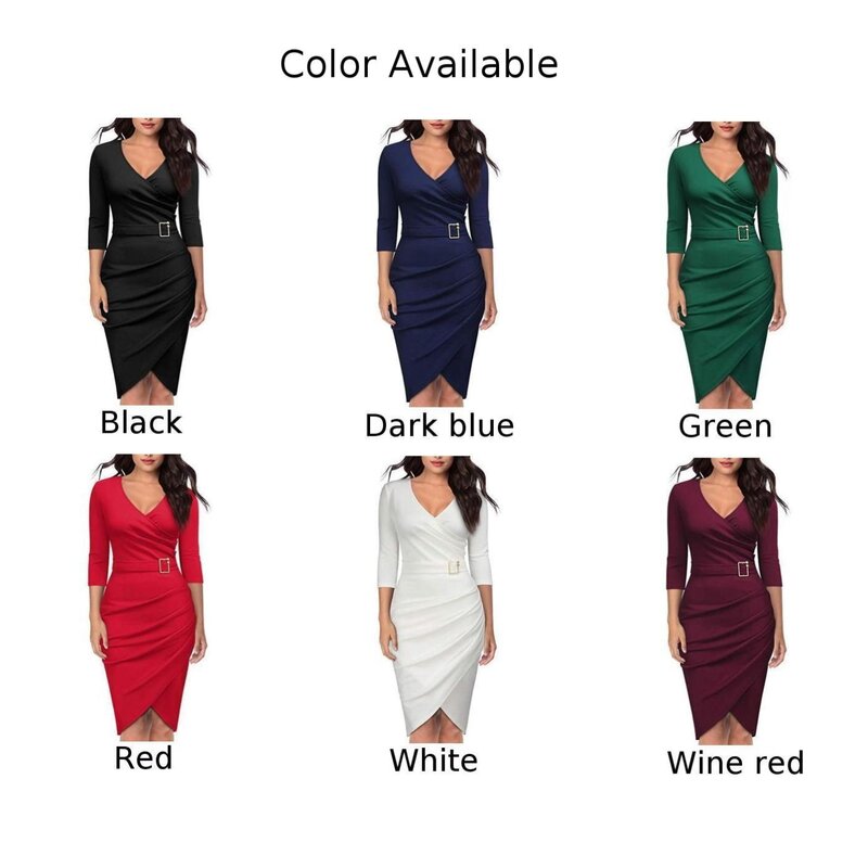 Women Clothing Dress Party Regular Slight Strech Slim Fit Solid Color V Neck Work Robe Bodycon Elegant Brand New