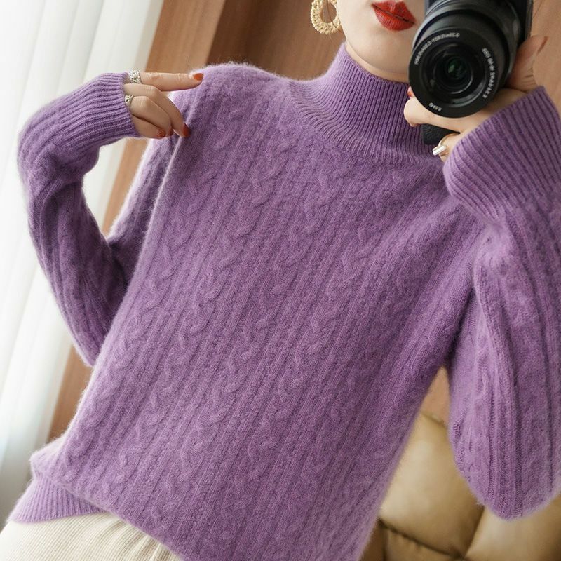 Pull chaud et ample en laine pour Femme, vêtement décontracté, coupe ample, automne-hiver, col montant, style coréen, W05
