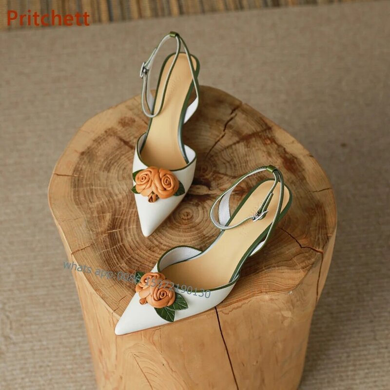 Sepatu hak tipis bunga ujung runcing gesper sepatu tali Slingback pompa panggilan gandum kayu kulit sapi dangkal musim panas gadis manis