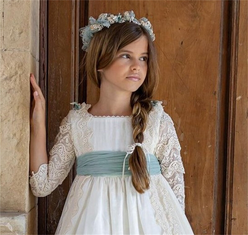Pastoral Flower Girl Dress Applique 3/4 Sleeves Bow With Belt Floor Length For Wedding Children's Holy Communion Birthday Dress