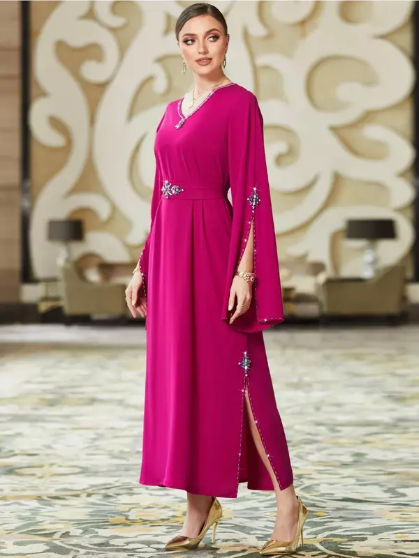 여성용 Eid 무슬림 파티 드레스, 아바야 다이아몬드 로브 드레스, 아랍 여성 라마단 아바야스 카프탄 카프탄 베스티도스, 스플릿 슬리브 2023