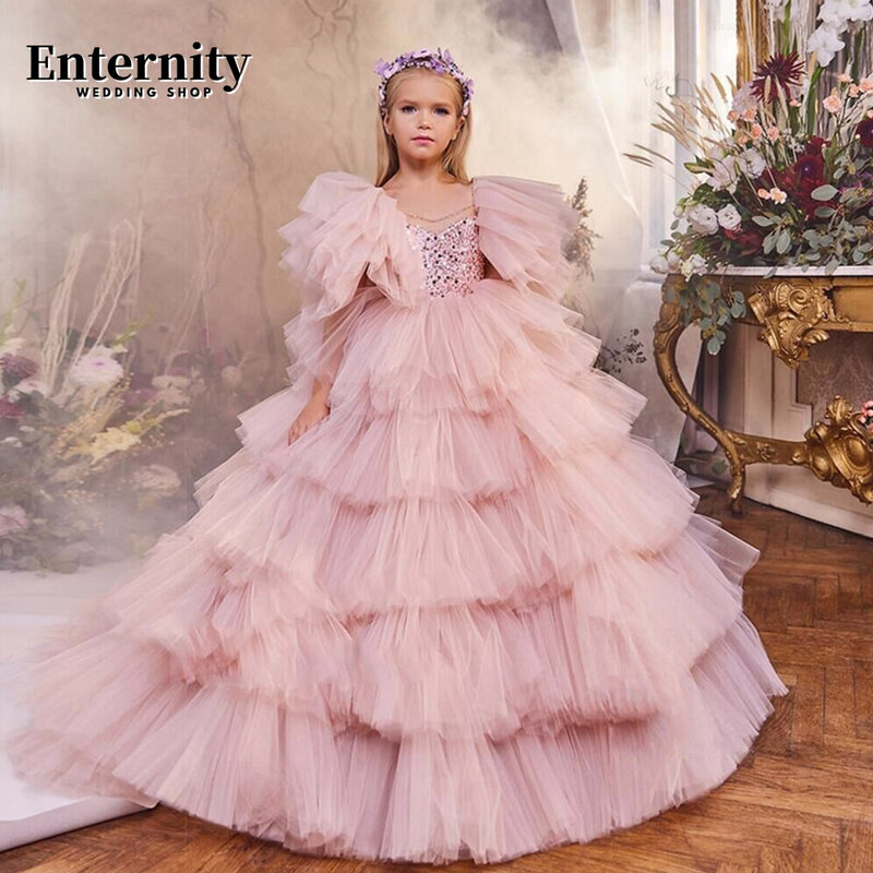Księżniczka Enfant z cekinami składana z okrągłym dekoltem bez pleców dziewczęca sukienka w kwiaty suknia balowa z krótkim rękawem Sweep Train Lovely Vestidos Para Niñas