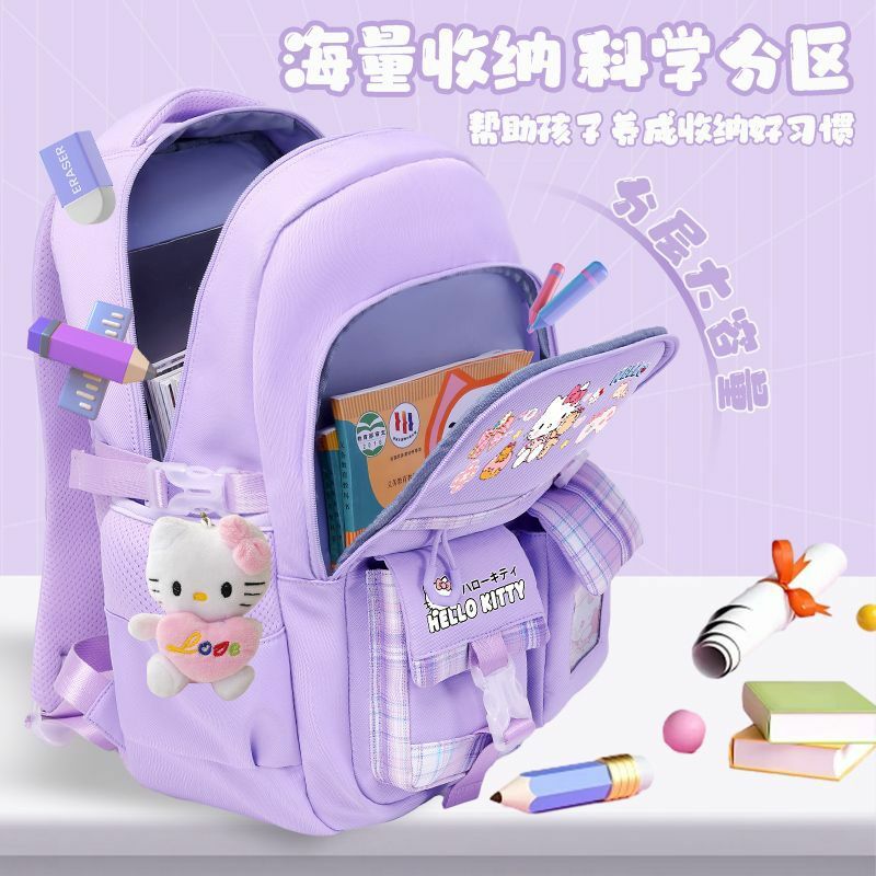 Sacola Sanrio Hello Kitty, mochila leve de ombro duplo, crianças fofas, para proteção da espinha masculina e feminina, estudante, nova