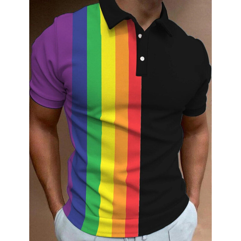 Homens 3D cor do arco-íris listra impressão camiseta polo, lapela camisas de manga curta, blusa casual de golfe extragrande, botões tops, moda
