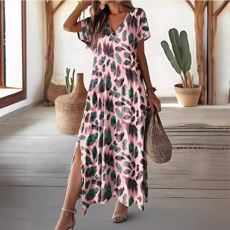 2024 여름 우아한 패션 루즈 캐주얼 섹시 여성 의류, 스위트 불규칙 인쇄 폴리에스테르 V넥 오버사이즈 Y2K 드레스, 신제품