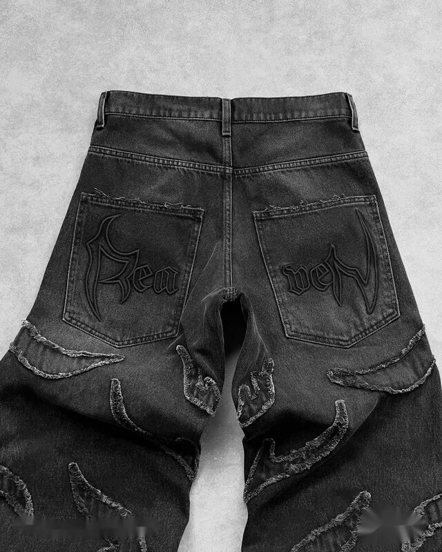 Hip Hop Y2k Retro hitam Baggy Jeans untuk pria Punk Raw Edge bordir Jeans pola Vintage Patchwork celana Denim pinggang tinggi