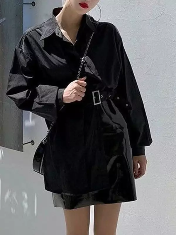 Camisa assimétrica monocromática feminina, blusa casual, design elegante, solta, temperamento, roupa única, edição coreana