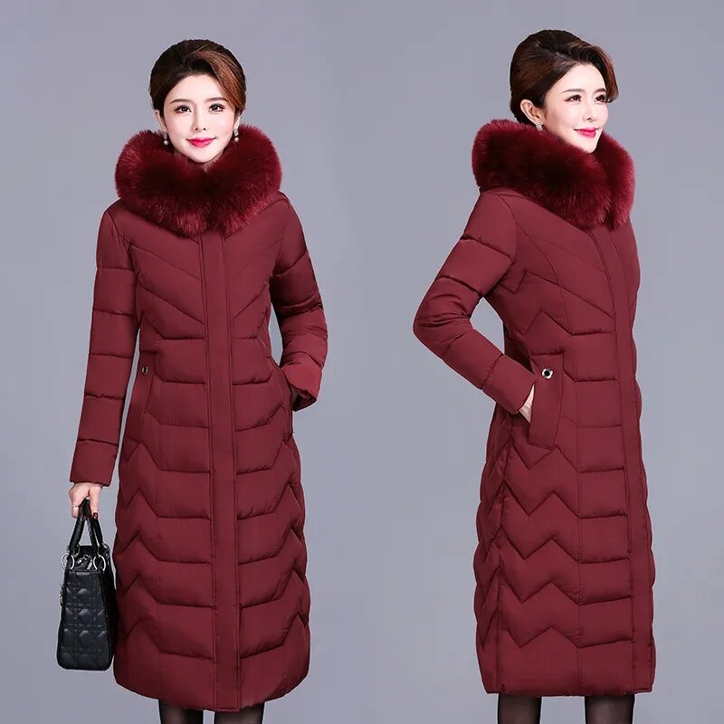 Chaqueta acolchada de algodón para mujer, abrigo largo con capucha y cuello de piel, Parkas de mediana edad, XL-6XL de invierno, novedad de 2023