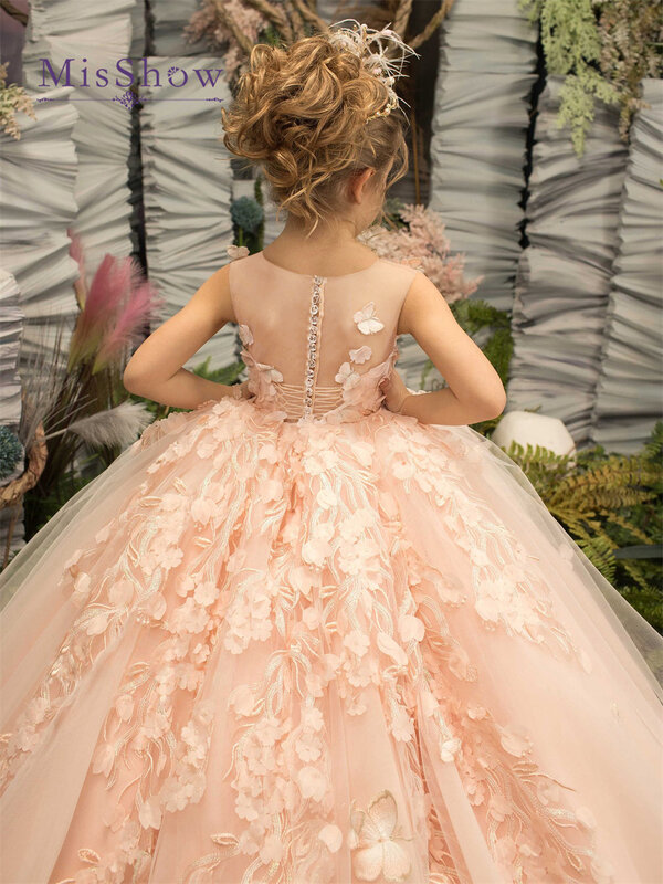 MisShow 3D Floral Embroidery Child Bridesmaid Flower Girl Dress for Wedding Fluffy Birthday Kid Princess Evening Prom Party