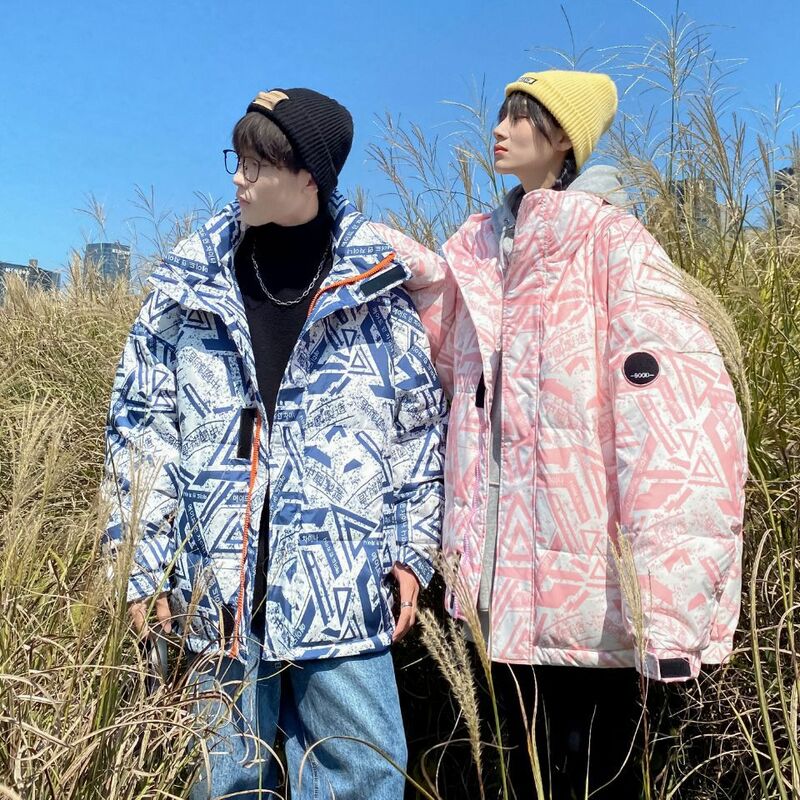 Winter Fashion Couple Puffer Jacket Casual Loose Thicken Bread Coats Men and Women's Stand Collar Print White Duck Down Jackets