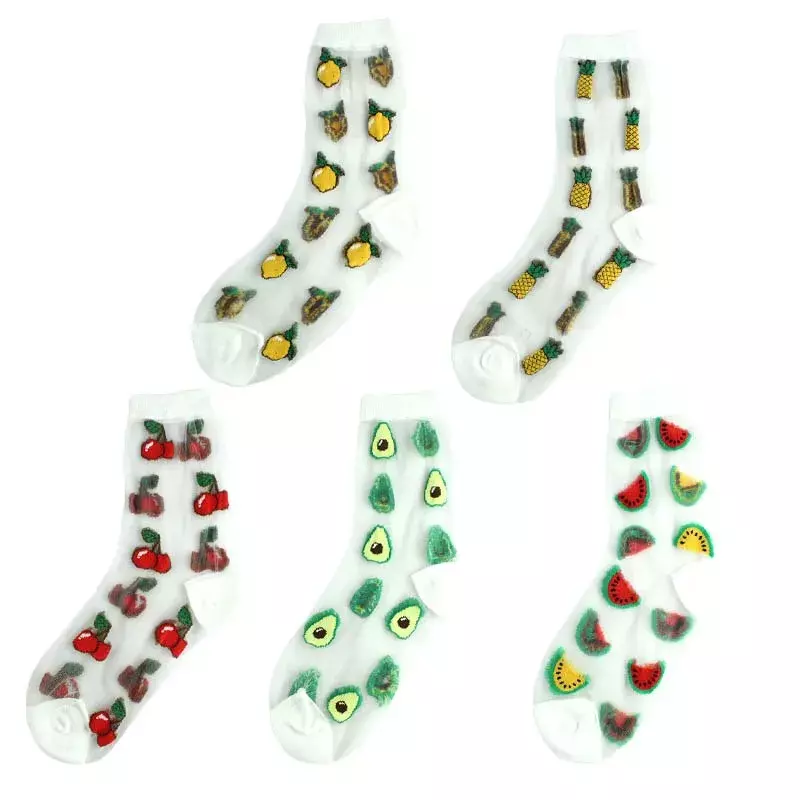 Calcetines transparentes finos de estilo coreano para mujer, medias de encaje con diseño creativo de fruta, aguacate, sandía, piña, vidrio