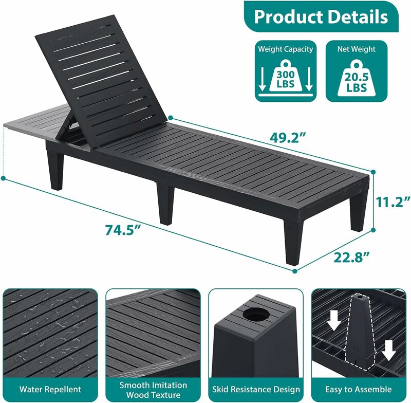 Resistente à água ao ar livre Chaise Lounge Chair, Bronzeamento Cadeira reclinável com encosto ajustável, Resina Sun Lounger para Deck Exterior