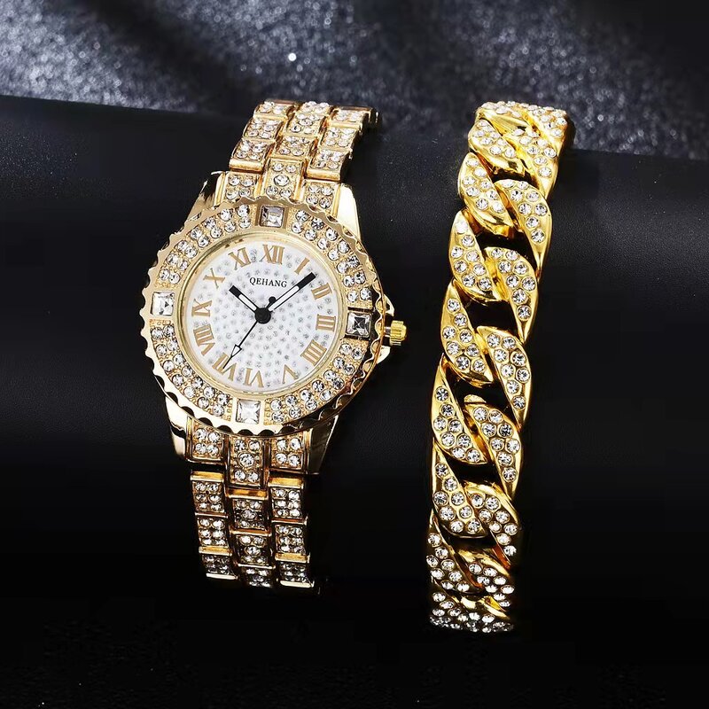 Hip Hop Eenvoudige Iced Out Horloge Cubaanse Ketting Armband Voor Vrouwen Bling Miami Luxe Gouden Klok Sieraden Groothandel Relojes Para mujer