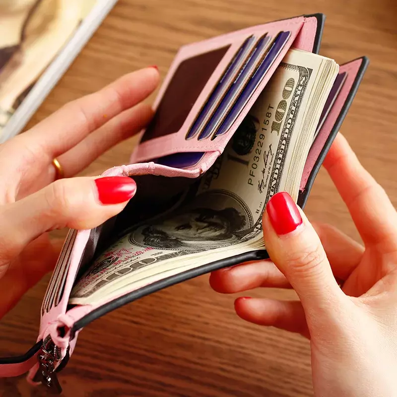 Dompet wanita gesper pendek dompet kulit ritsleting Multi Slot Frosted mahasiswa dengan 5 kisi gelap 9 kartu dan 3 Slot ID