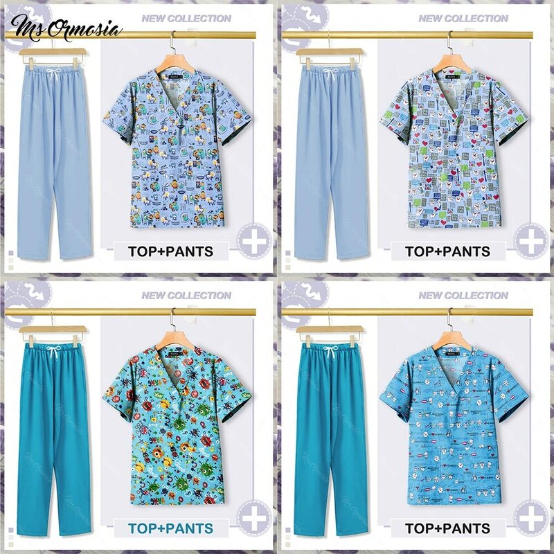 Nurse Uniform Medical Scrubs Set V-neck Printing Nursing Scrub Top Pocket Straight Pants Salon Pet Grooming Institution Workwear
