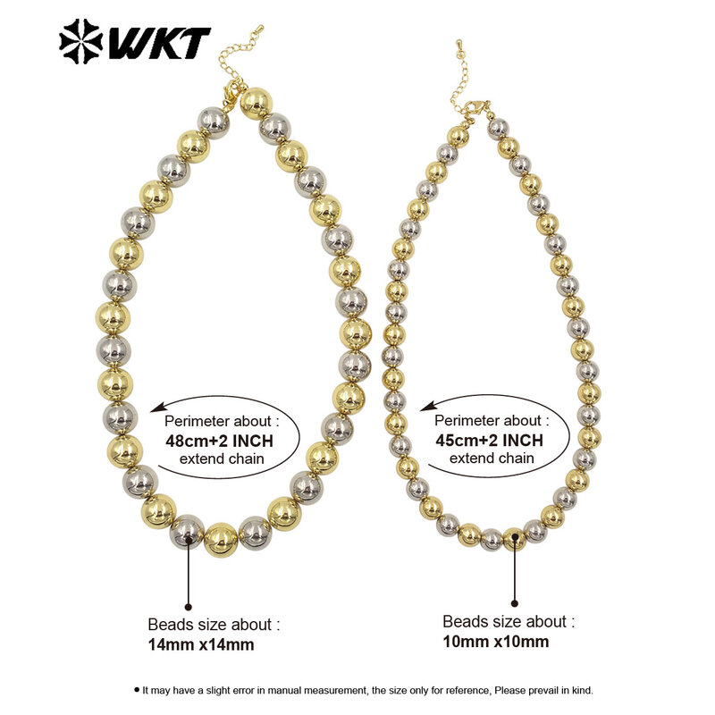 Beads mistos de dois tons com pérola redonda, 18K, acessórios elegantes e modernos, colar curto, WT-JFN11
