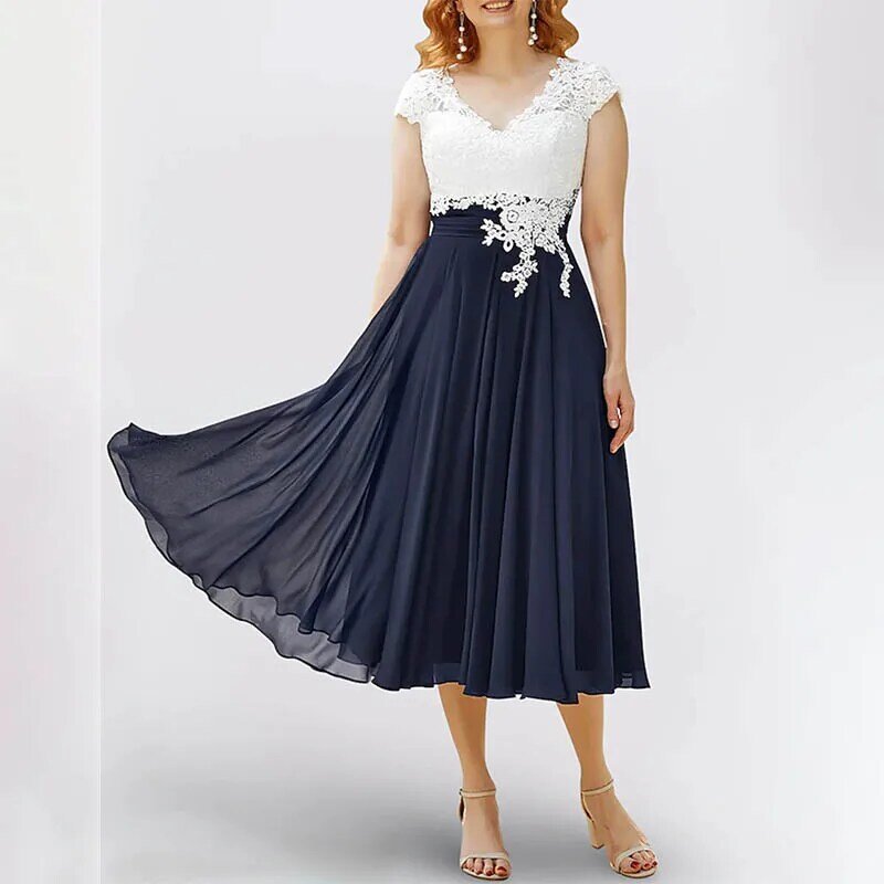 Graceful A-Line Mother of the Bride Dress V Neck Tea Length Chiffon Cap Sleeve Lace Pleats Decal Formal Wedding Party Gown