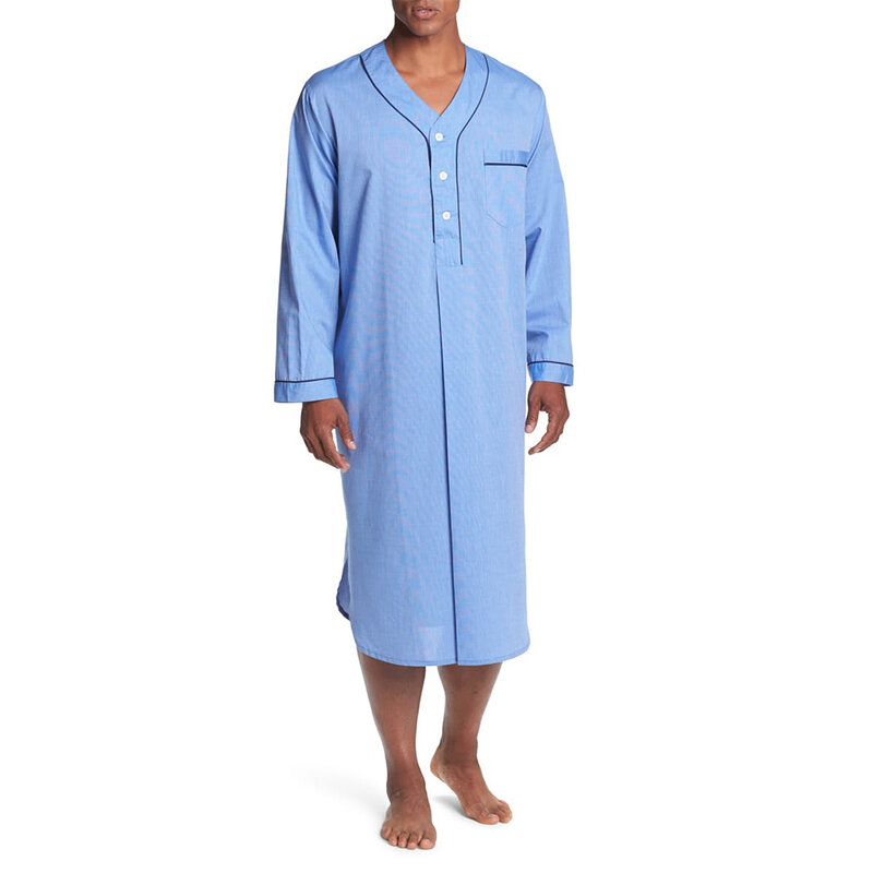 Heren Losse Nachtjapon Met Lange Mouwen, Lichtgewicht Katoenen Nachtkleding Top Shirt, Lichtblauw/Grijs, M 3xl