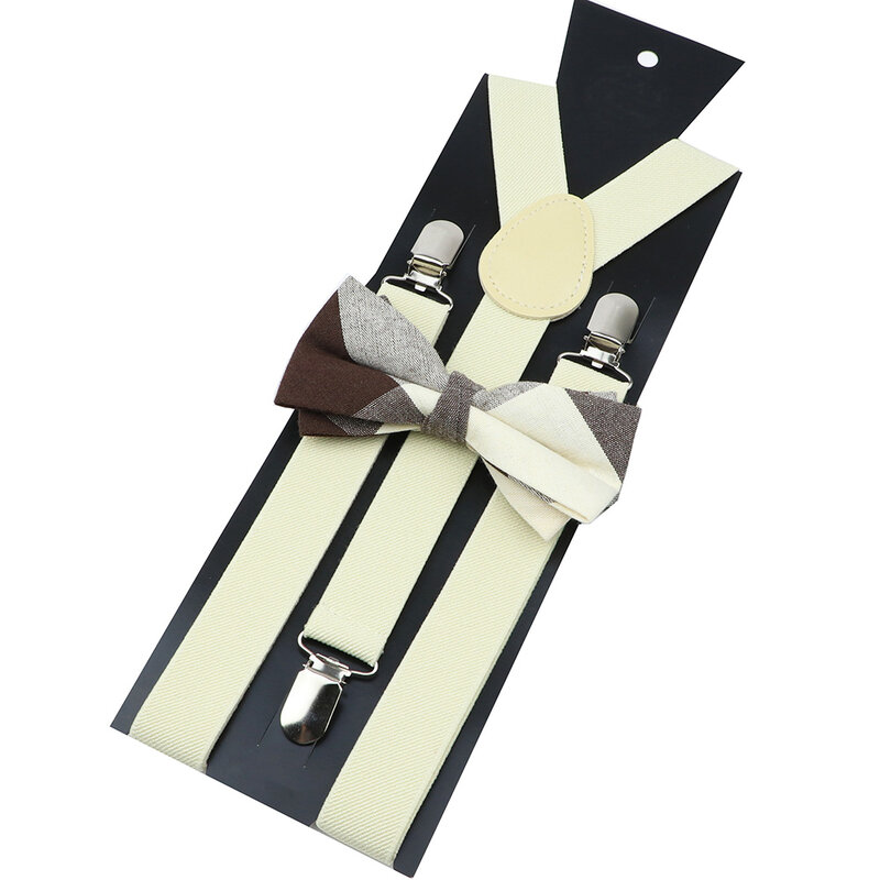 Set Suspender Bowtie Kotak-kotak Katun Jas Tuksedo Pria Wanita Kawat Gigi Uniseks Pernikahan Coklat Merah Kupu-kupu Sabuk Penjepit Y-back Dapat Disesuaikan