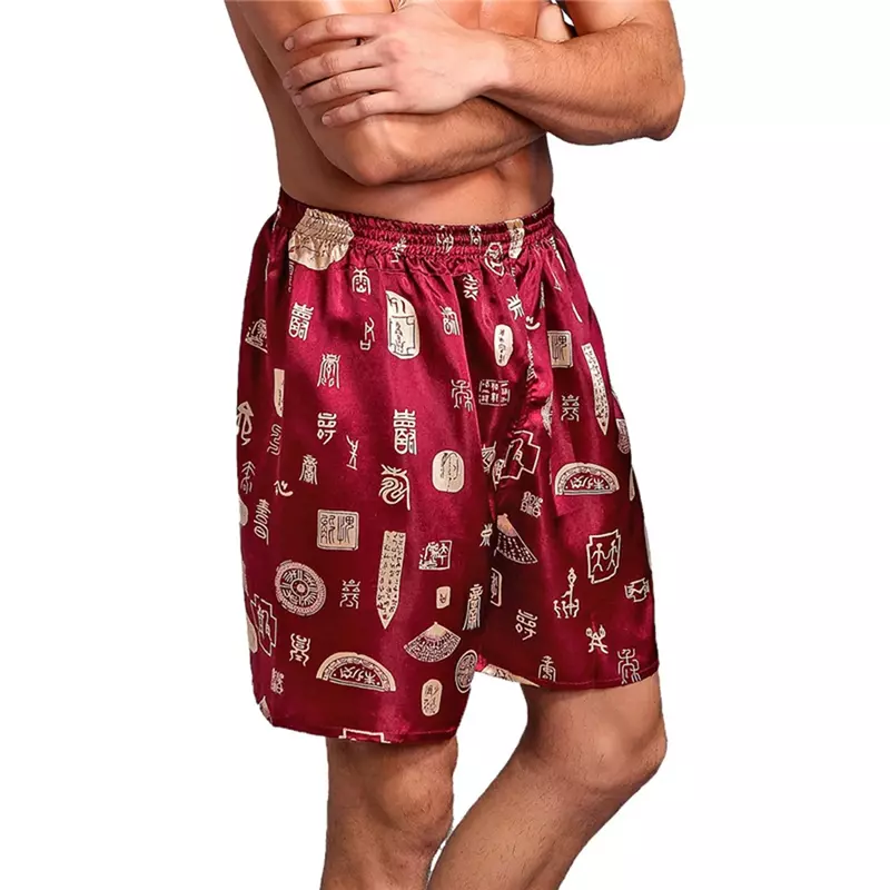 Пижама Мужская атласная на пуговицах, Шелковые штаны для сна, удобная одежда для сна с эластичным поясом, шорты с принтом