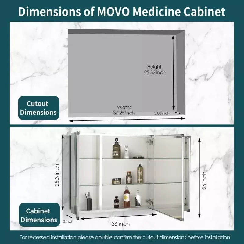 Double Doors Medicine Cabinet with Mirror, 36 inch X 26 inch Aluminum Bathroom Medicine Cabinet, Adjustable Glass Shelves, Water