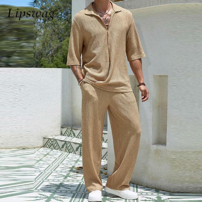 2024 primavera estate Casual camicie e pantaloni in cotone abiti da uomo Vintage mezza manica Cardigan irregolare due pezzi completi da uomo