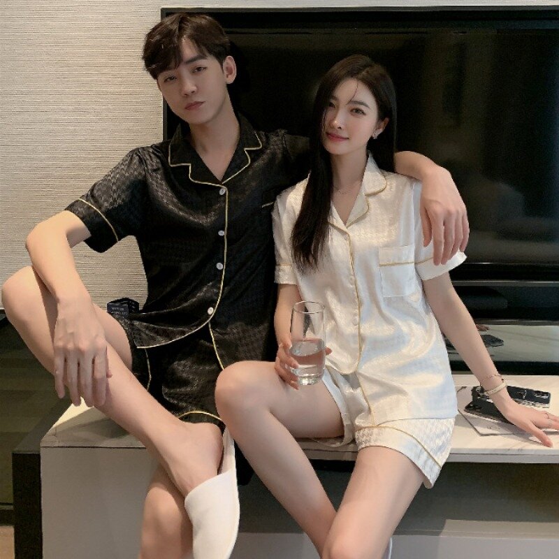 Korean Couple Pajamas Suit Men Women Summer Ice Silk Thin Sleepwear Short-sleeved Home Clothing Lovers Loungwear Male Female