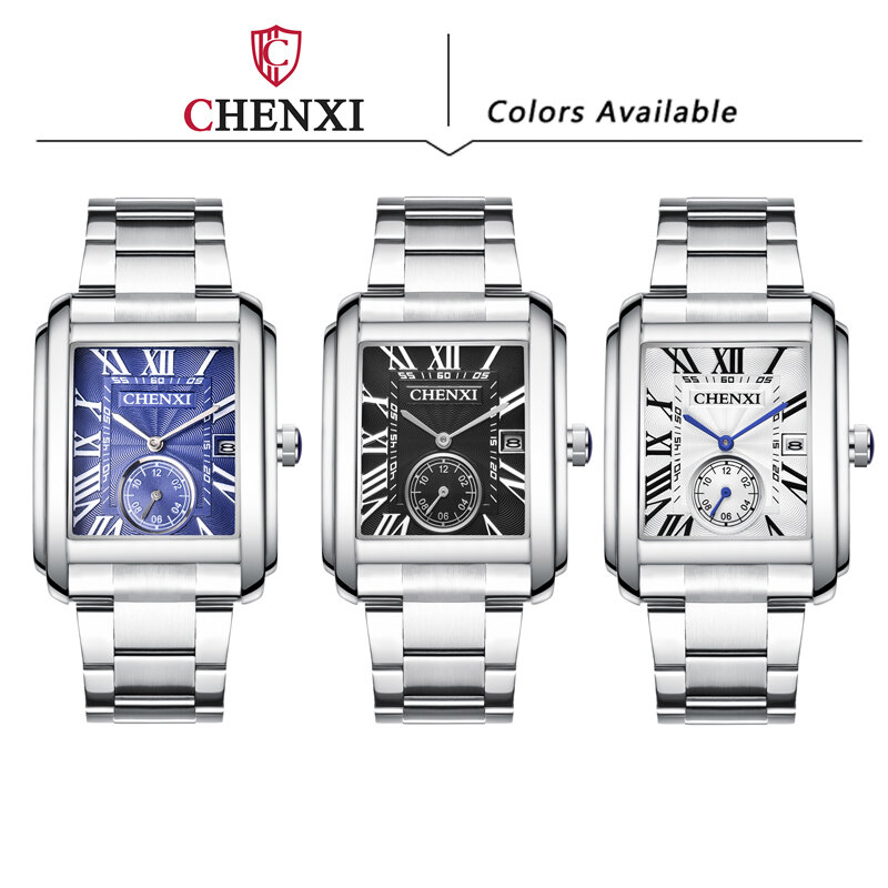 Nieuwe Mode Rechthoek Horloge Mannen Casual Zakelijke Horloges Chenxi Kleine Tweede Auto Datum Quartz Horloges Mannen 30M Waterdicht