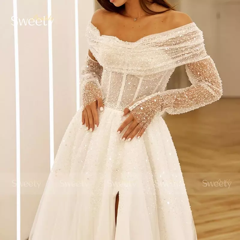 Женское свадебное платье It's yiiya, белое ТРАПЕЦИЕВИДНОЕ платье из тюля с разрезом, длинными рукавами, вырезом лодочкой и завязкой на спине на лето 2019