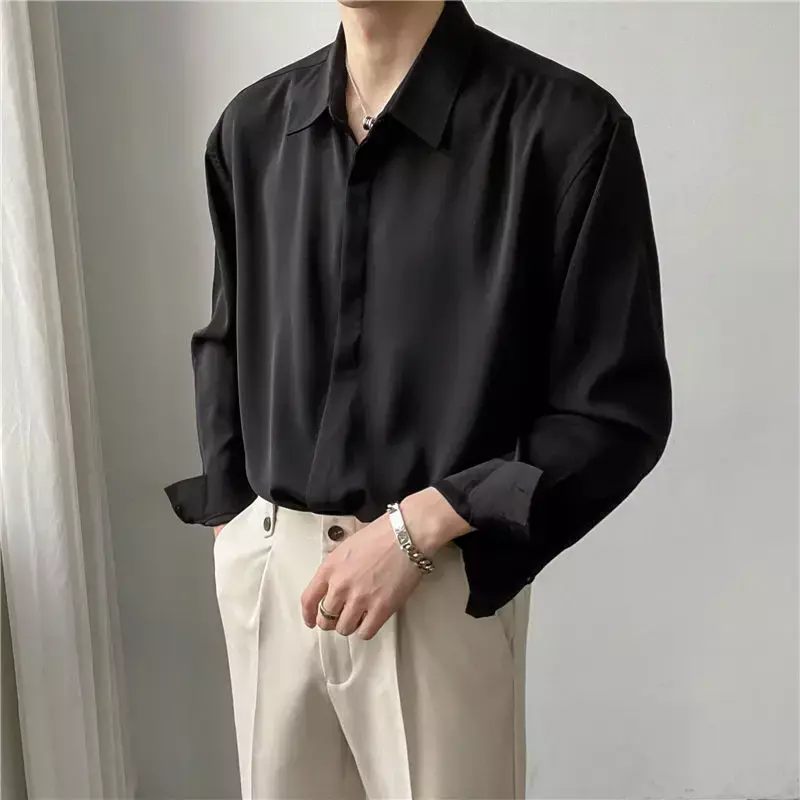 Camisa de seda gelo manga longa para homens, botão oculto, camisas de negócios de alta qualidade, cor sólida, moda solta, luxo