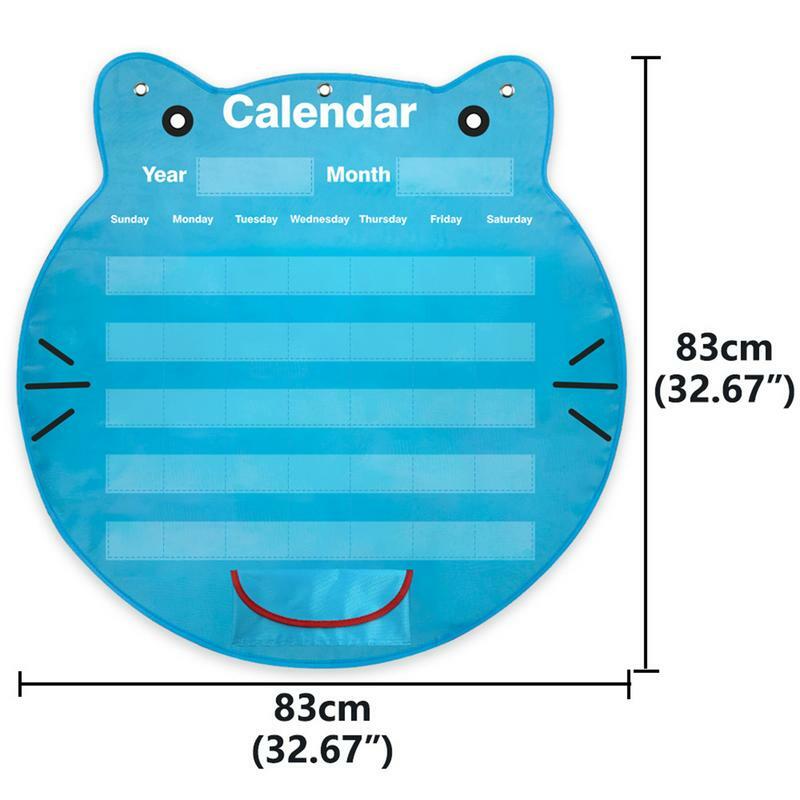 Calendario de gráfico de bolsillo con forma de gato de dibujos animados para el aula, suministros de aula impresos transparentes, colgables, con 3 ganchos