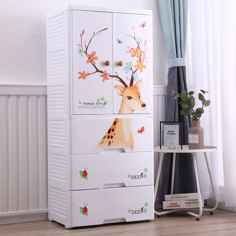 Hot Amazon High Quality 60*41*114 Cm Open Door Baby Bear Cartoon Plastic Wardrobe With Hanger And 3 Drawers
