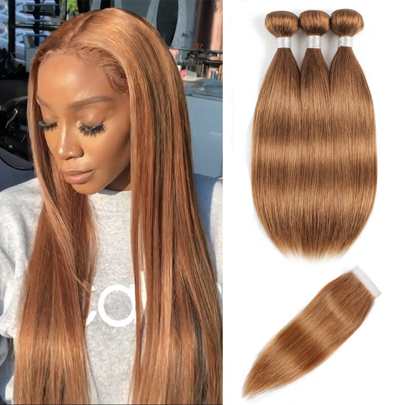 Ginger Blonde Bundles with 4x4 Lace Closure Color 30 Straight Remy Straight Human Hair Weave Extension Bobbi Collection