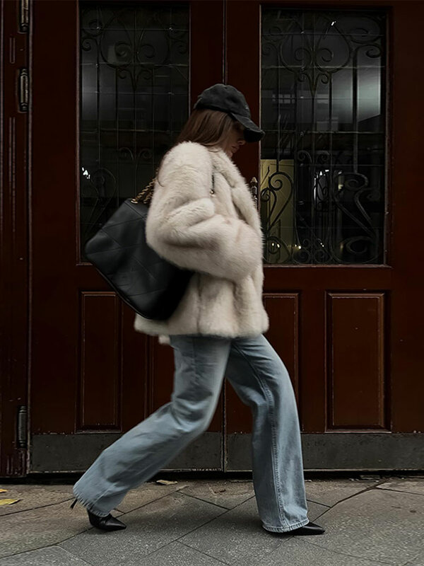 Пальто женское из искусственного меха, винтажная однотонная свободная теплая шуба с отложным воротником и длинным рукавом, модная уличная одежда на осень и зиму