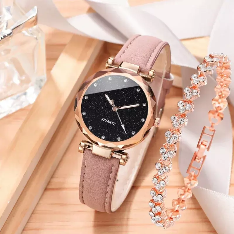2 stücke Luxus Mode Frauen Uhr Set PU Leder armband Damen Quarz Armbanduhr Strass Roségold Legierung Armband für Damen Geschenk