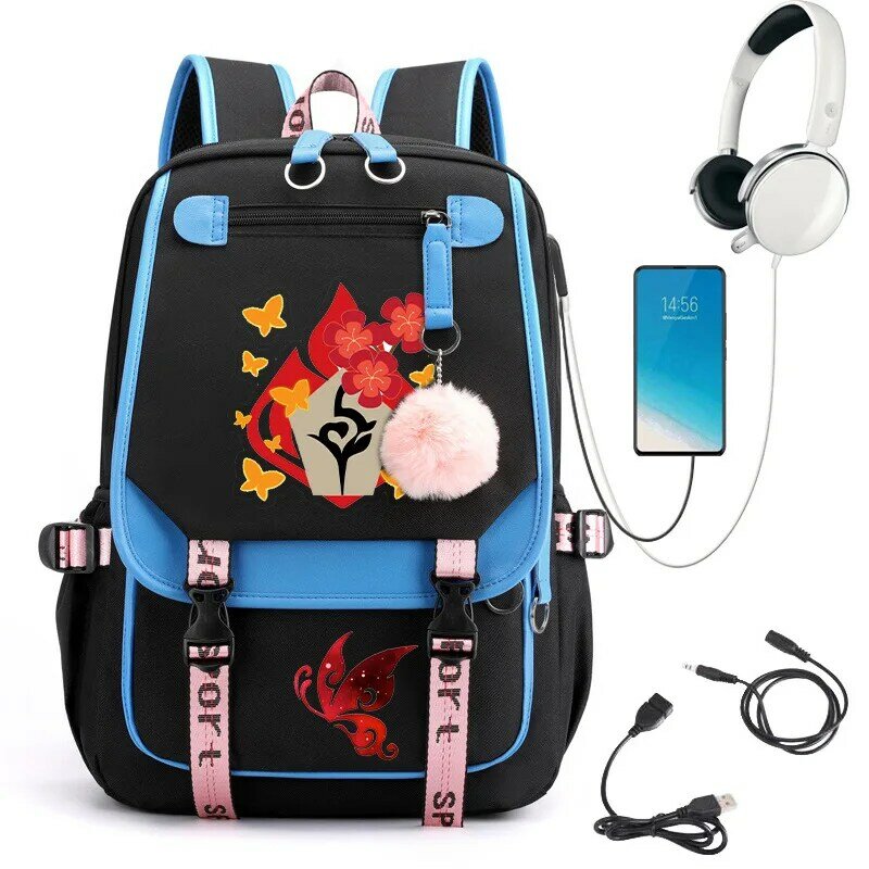 Mochila Hutao Anime Genshin Impact, bolsa de nailon para libros escolares, bolsas de viaje para estudiantes, bolsa de mensajero informal con puerto USB para computadora portátil