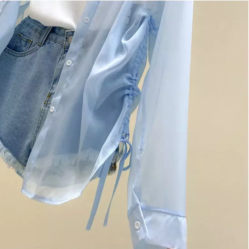Shirts Women Sun-proof Thin Summer Transparent Fashion Casual Retro Sweet Cool Streetwear Holiday All-match Beach Young