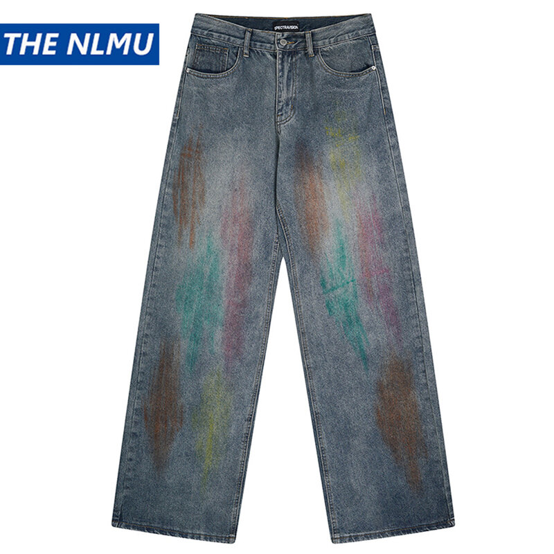 Fashion Men Baggy Jeans Graffiti Printed Blue Loose Straight Denim Pants