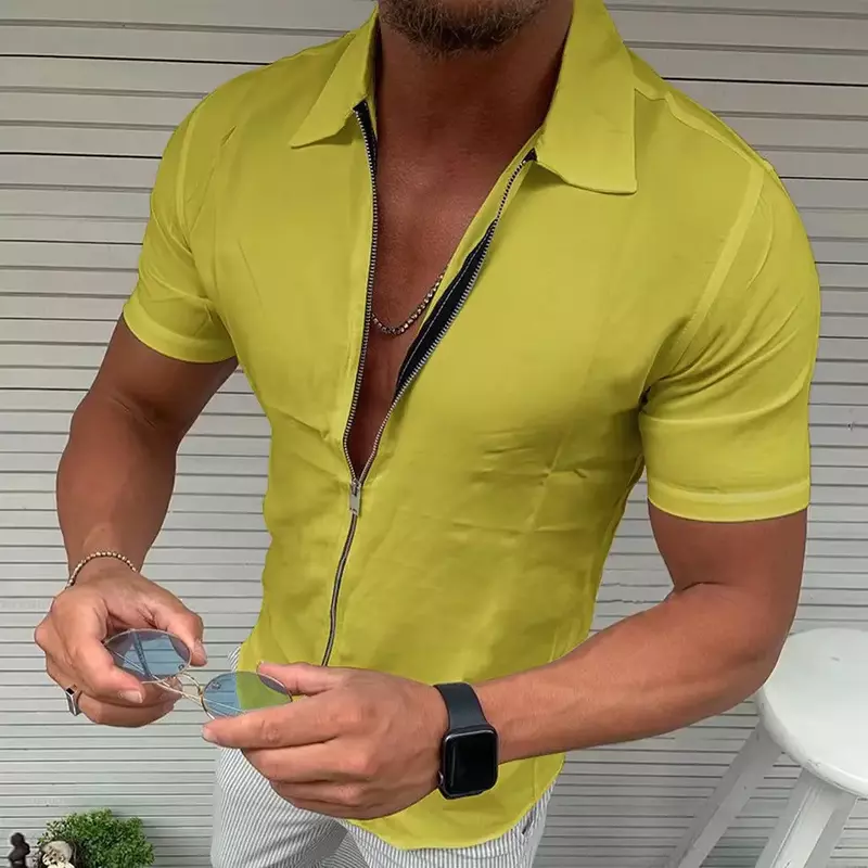Men's Light Business Office Casual Zipper Short Sleeve Shirt Slim Fit Solid Color Lapel Cardigan Fashion Tops