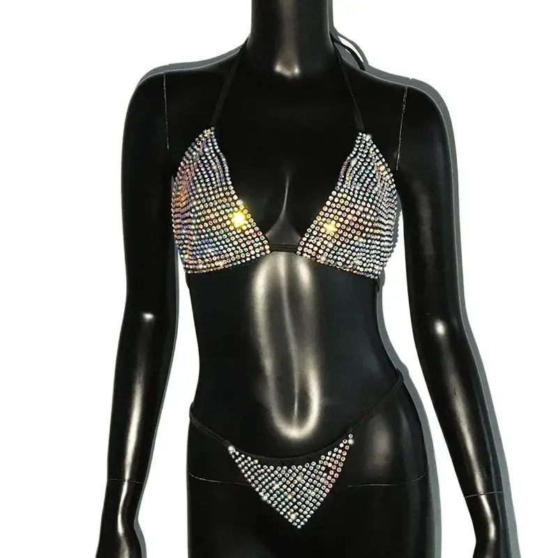 Biquíni feminino sexy bandagem Halter, conjunto de 2 peças, cristal de luxo strass, swimsuit push up, swimwear praia verão