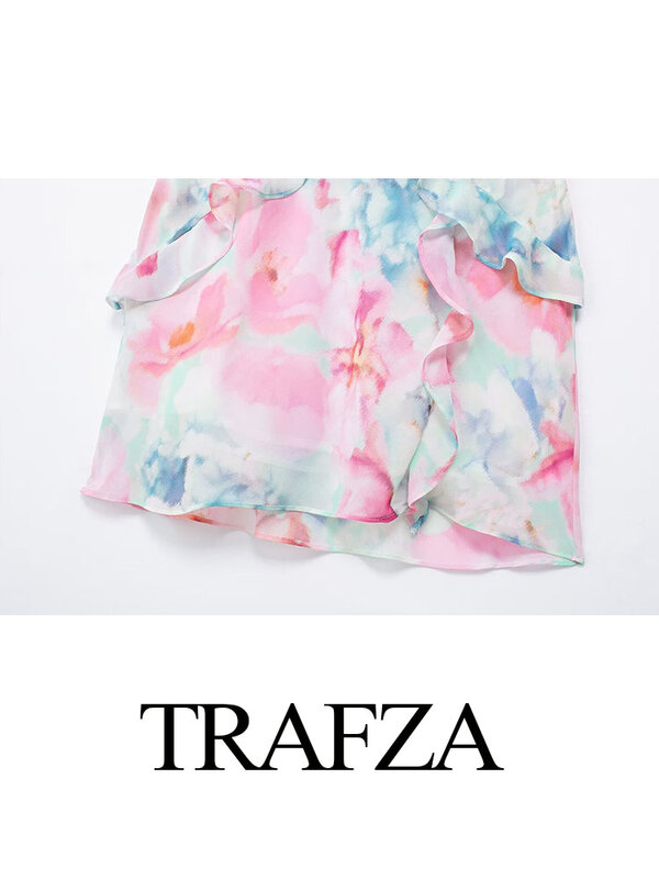 Trafza-女性用ビーチスタイルのミニドレス,Vネックのプリント生地のショートドレス,ノースリーブ,ホルター,赤い装飾の背景,ジッパー,夏のドレス,トレンディ,2024