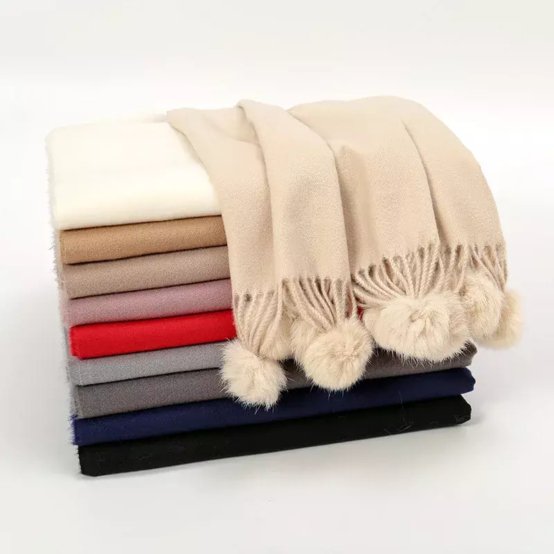 Bufanda cálida de Bola de Pelo de Cachemira de imitación de Color sólido para mujer, chal largo elegante de moda, regalo de Navidad
