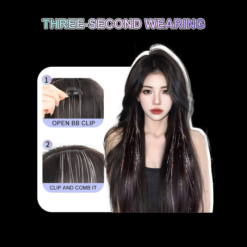 Peças sintéticas de cabelo falso com clip reto longo para mulheres, destaque do arco-íris, extensões coloridas, resistente ao calor