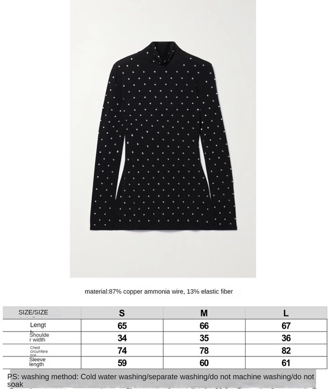 2023 Winter New Women's Clothing Black Rhinestone High Elastic Bottoming Top with Silk 1014