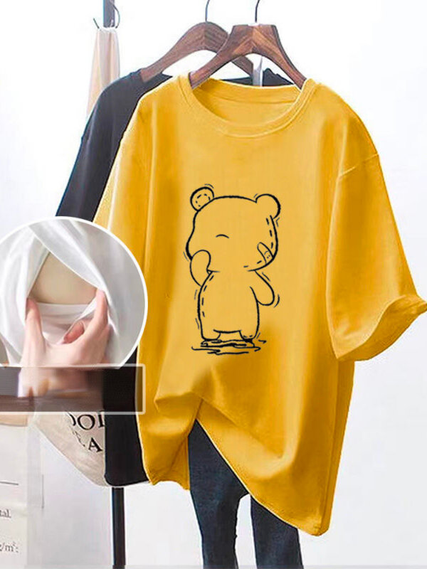 Camiseta de lactancia de algodón de manga corta para mujer, Camiseta con estampado de moda, ropa de lactancia materna, camisetas de embarazo 2024
